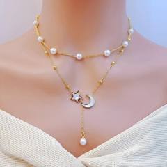 Elegant pearl bead classic white shell flower heart two layer stainless steel necklace
