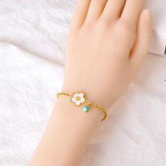Classic five petal mother shell flower turquoise stone stainless steel chain bracelet