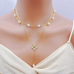 Elegant pearl bead classic white shell flower heart two layer stainless steel necklace
