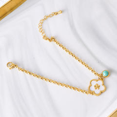 Classic five petal mother shell flower turquoise stone stainless steel chain bracelet