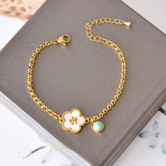 Classic five petal mother shell flower turquoise stone stainless steel chain bracelet
