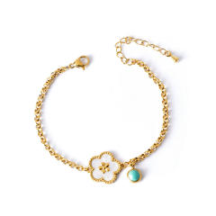 Classic five petal mother shell flower turquoise stone stainless steel chain bracelet