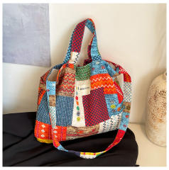 2025 Spring Ethnic Style Floral Patchwork Shoulder Bag Lazy Style Large Capacity Floral Square Tote Bag for Women