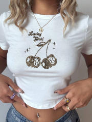 Summer New Slim-fit Hot Girl Cherry Print T-shirt Women's Leopard Print Y2K Women's Short