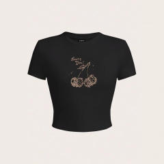 Summer New Slim-fit Hot Girl Cherry Print T-shirt Women's Leopard Print Y2K Women's Short