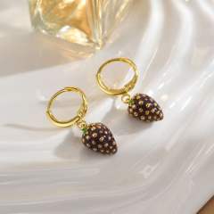 18KG enamel strawberry cherry gold plated copper huggie earrings