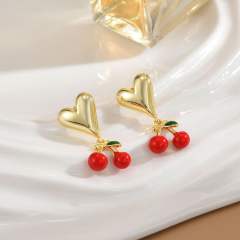 18KG enamel strawberry cherry gold plated copper huggie earrings