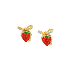 18KG enamel strawberry cherry gold plated copper huggie earrings