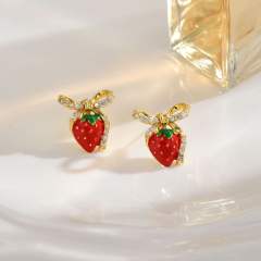 18KG enamel strawberry cherry gold plated copper huggie earrings