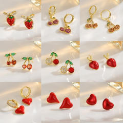 18KG enamel strawberry cherry gold plated copper huggie earrings
