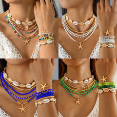 12pcs set Beach trend colorful seed beads starfish charm necklace bracelet set