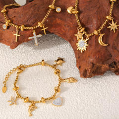 Hot diamond heart cross sunflower titanium steel plated 18k gold charm bracelet stainless steel bracelet