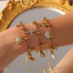 Hot diamond heart cross sunflower titanium steel plated 18k gold charm bracelet stainless steel bracelet