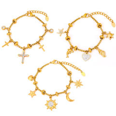 Hot diamond heart cross sunflower titanium steel plated 18k gold charm bracelet stainless steel bracelet