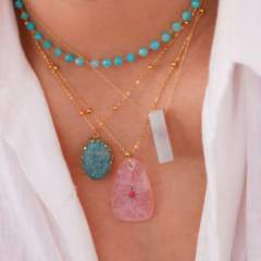 Natural Stone Stacked Stainless Steel 14K Gold Necklace Women's Simple High-end Handmade Necklace