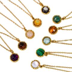 New gem inlaid round stainless steel natural stone stainless steel 14k gold necklace
