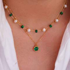 New gem inlaid round stainless steel natural stone stainless steel 14k gold necklace