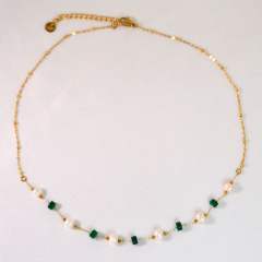 New gem inlaid round stainless steel natural stone stainless steel 14k gold necklace