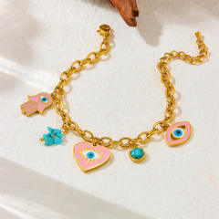 Personality drop oil pink love heart eviel eyes charm stainless steel necklace earrings bracelet suit