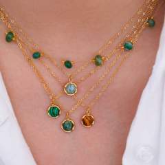 New gem inlaid round stainless steel natural stone stainless steel 14k gold necklace