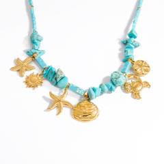 Holiday french trend stainless steel starfish sun charm natural stone necklace