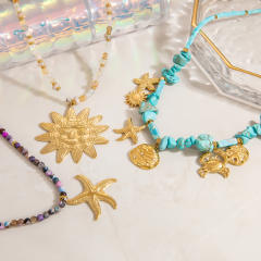 Holiday french trend stainless steel starfish sun charm natural stone necklace