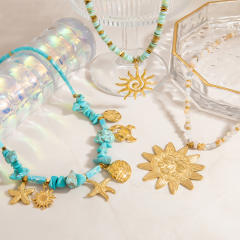 Holiday french trend stainless steel starfish sun charm natural stone necklace