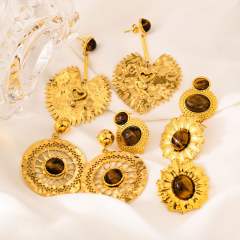 18k gold hemisphere inlaid tiger eye stone love pendant stainless steel earrings