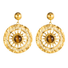 Vintage French natural stone flower titanium steel earrings tiger eye stone large earrings