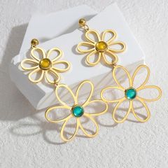 Spring summer natural stone opalstone statement hollow flower dangle earrings stainless steel earrings