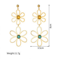 Spring summer natural stone opalstone statement hollow flower dangle earrings stainless steel earrings