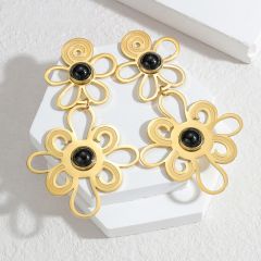 Spring summer natural stone opalstone statement hollow flower dangle earrings stainless steel earrings