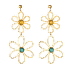 Spring summer natural stone opalstone statement hollow flower dangle earrings stainless steel earrings