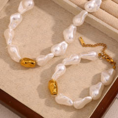 Vintage Stainless Steel Plated 18K Gold Baroque Imitation Pearl Bracelet Necklace for Women