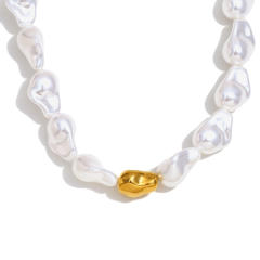 Vintage Stainless Steel Plated 18K Gold Baroque Imitation Pearl Bracelet Necklace for Women