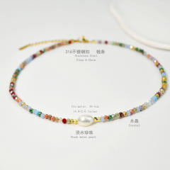 Spring Summer Color Crystal Beaded Necklace Women's Color-free Natural Freshwater Pearl Necklace