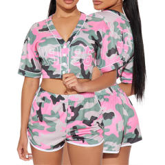 Summer 2025 Women's Camouflage Printing Dyeing Casual Sports Home Short-sleeved Button Shorts suit