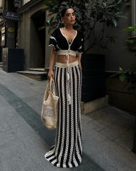Summer Women's Sexy V-Neck Hollow Striped Knitted Women's Dress Set
