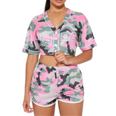 Summer 2025 Women's Camouflage Printing Dyeing Casual Sports Home Short-sleeved Button Shorts suit