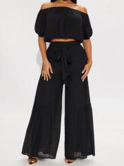 2025 spring women's elastic off shoulder short bubble sleeve tops high waist wide leg trousers suit