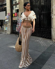 Summer Women's Sexy V-Neck Hollow Striped Knitted Women's Dress Set