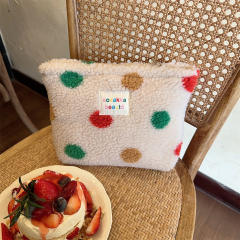 Ins style plush cosmetic bag color polka dot large capacity travel skin care cosmetics storage bag