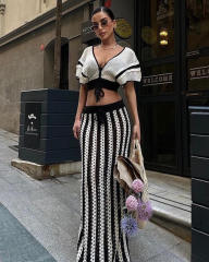 Summer Women's Sexy V-Neck Hollow Striped Knitted Women's Dress Set