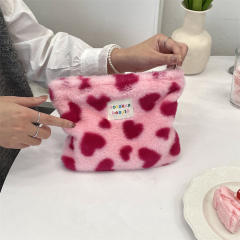 Ins style plush cosmetic bag color polka dot large capacity travel skin care cosmetics storage bag