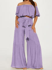 2025 spring women's elastic off shoulder short bubble sleeve tops high waist wide leg trousers suit