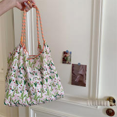 Korean Style Summer Large Capacity Shoulder Bag Drawstring Shopping Bag Fresh Floral Tote bag