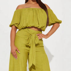 2025 spring women's elastic off shoulder short bubble sleeve tops high waist wide leg trousers suit