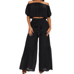 2025 spring women's elastic off shoulder short bubble sleeve tops high waist wide leg trousers suit