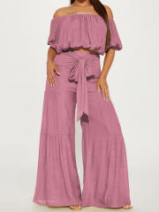 2025 spring women's elastic off shoulder short bubble sleeve tops high waist wide leg trousers suit