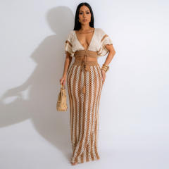 Summer Women's Sexy V-Neck Hollow Striped Knitted Women's Dress Set